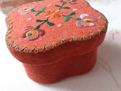 Red embroidered felt covered curved sewing box, faded, clean