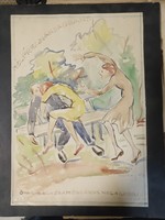 Marked watercolor caricature on the theme of Hilda Gobbi's play direction