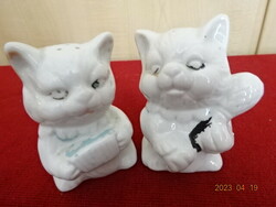 Glazed ceramic, cat-shaped salt shaker, two pieces, height 8 cm. Jokai.