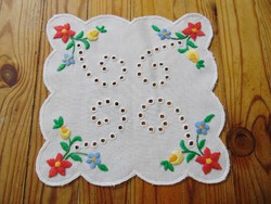 Embroidered tablecloth needlework under porcelain 16 x 16 cm.