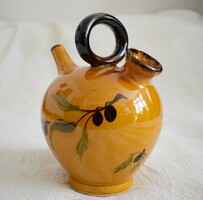 Old folk, hand-painted plum branch, glazed ceramic jug with handle, large ~ 2 liters 16.5 X 25 cm