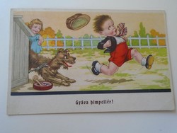 D194987 Régi képeslap - Humor - Gyáva himpellér - kislány kisfiú kutya Miskolc Meskó Éva - Amag lap
