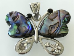 Peacock shell inlay, butterfly-shaped pendant with crystals, 4.2 x 3.8 cm