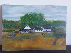 ! Szignált festmény - Az alkotó egy bizonyos Kálmán ... lehet - tanya tyúkokkal - 452