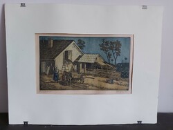 ! Varga Gyula - Parasztudvar c. képe - Szignált festett rézkarc - 472