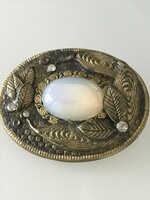 Retro handmade brooch with chalcedony center, crystals, 4.5x3.5 cm