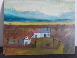 Unsigned painting - the artist is on a certain canvas ... Maybe - farm with blue cloud - 462