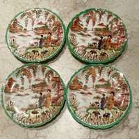 Oriental geisha pattern colored porcelain small plate 4 pieces display case condition