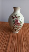 Zsolnay pajzspecsétes ,számozott, vajszínű virágmintás kézi festésű hasas váza, eredeti, 15,5 X 9 cm