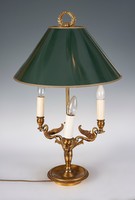 Aranyozott bronz asztali lámpa plasztikus hattyú díszekkel, zöld burával