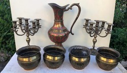 Copper candle holder, jug, bowl.