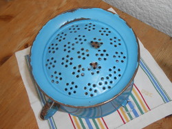 Antik zománcozott tésztaszűrő/gyümölcsmosó, kék