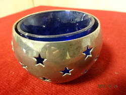 Metal candle holder with star pattern, blue glass insert. Jokai.