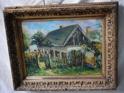 Tanyavilág , vidám vidék olaj festmény 42,5 x 31 cm + keret , ami hibás , keretezett kép
