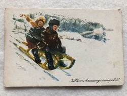 Régi rajzos Karácsonyi képeslap - Héti György rajz                           -5.