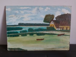 Szignálatlan festmény - Az alkotó egy bizonyos Kálmán lehet - Táj-tóparti ház-csónakok- 482