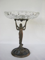 Szecessziós stílusú réz és üveg asztalközép kínáló tál női alakkal