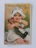 Régi újévi képeslap levelezőlap kislány pezsgő