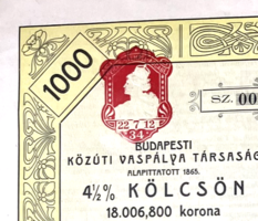 Budapesti Közúti Vaspálya Társaság 1000 Koronás Részlet-Kötvénye 1912-ből