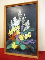 Olaj festmény, csendélet, virágkosár. Mérete: 63 x 41,5 cm. Jókai.