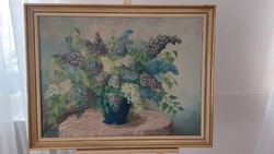 (K) Szép antik virágcsendélet festmény Balogh A. jelzéssel 90x70 cm kerettel