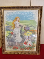 Lány biciklivel, gobelin kép. Mérete:57 x 47 cm. Jókai.