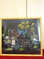 Fekete selyemre festett kép, gyönyörű páva a közepén. Mérete: 46 x 50 cm. Jókai.