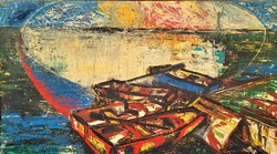 127x74cm !! Szabó Klára - Ladikok a Dunán. 1975 Baja c. festménye Eredeti Garanciával!