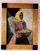 Market vendor with bat and fruit basket, framed oil on canvas painting. There with Zoltan Signo.