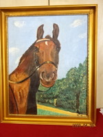 Olaj festmény, visszatekintő ló. Mérete: 58 x 48 cm. Jókai.
