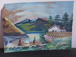 Unsigned painting - river bank with swans, small house 495