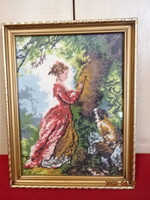 Nő a fánál kutyával, gobelin kép. Mérete: 34 x 26 cm. Jókai.