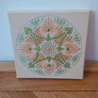 New! Beige green gold compass mandala picture hand painted 20x20cm