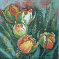 Antyipina Galina: Tulipánok, olajfestmény, vászon. 40x40cm