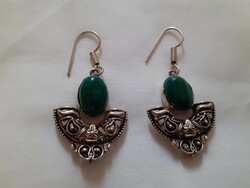 Silver-colored (perhaps decorated with malachite) earrings