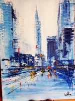"A kék város esőben"festmény farostlemezen 40 x 54 cm