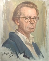 Gussich Jenő: Szemüveges férfi portréja, eredeti olaj-fa, jelzett 1960- ból