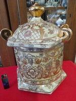 Huge Chinese hand-painted, gilded, thick-lidded porcelain bonbonier, storage box, urn. 37 Cm.