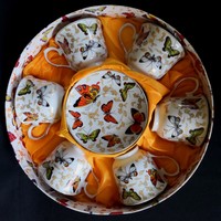 DT/209. Aranyozott, 6 személyes, pillangós finomporcelán teás készlet díszdobozban