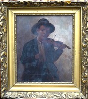 There, Zoltan oil, cardboard - a little boy playing the violin