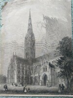 Salisbury cathedral. Original wood engraving ca. 1875