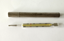 Old mercury thermometer, thermometer in a metal case