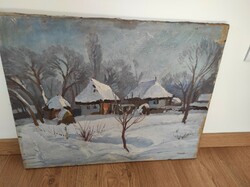 Graphic winter landscape picture by painter János Gruzda, without frame