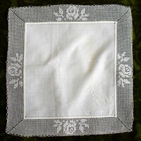 Crocheted lace old decorative pocket square napkin 24.5 x 25 cm rose pattern, embroidered Margaret monogram