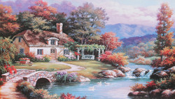 Romantikus táj házzal és híddal