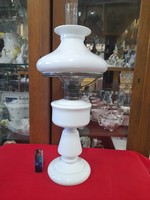 Old large broken, blown milk glass, kerosene glass, oil table lamp. 50 Cm.