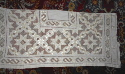 Antique linen-woven commode tablecloth - cut silk thread embroidery 118-110 cm x 48 cm