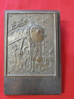 Old bronze, copper steam locomotive commemorative plaque, on a wooden plinth. 17.5 Cm.