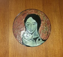 Modern, meghitt Mária és Jézus ikon szerű ábrázolás fém lapon