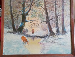 Painting: winter picture: deer and hunter 80*65 cm